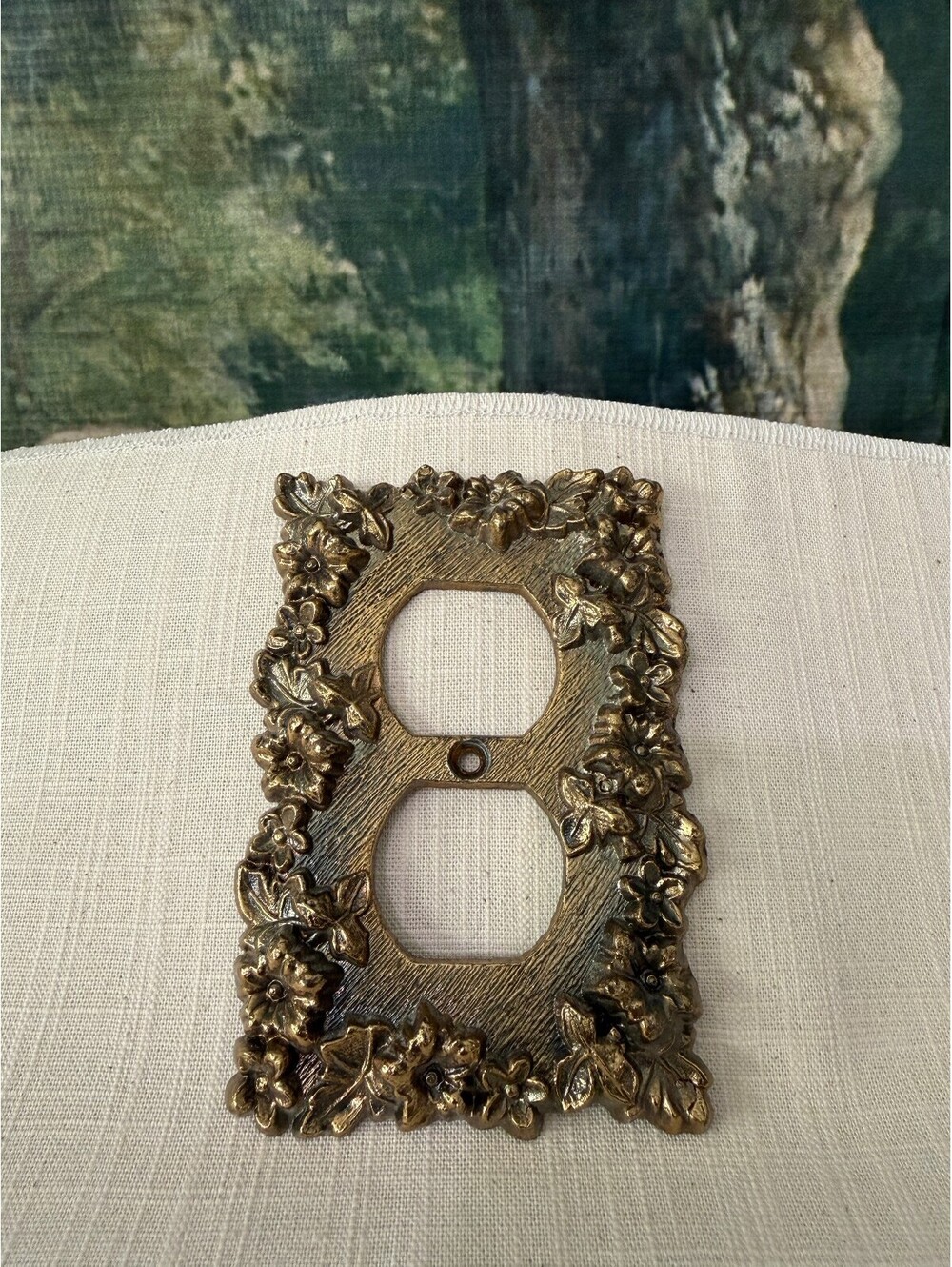 Vintage Ornate Brass Double Outlet Cover Plate with Floral Design